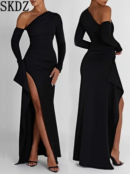 Черное Сексуальное длинное платье с разрезом на одно плечо и длинным рукавом, облегающее талию, новое модное элегантное женское платье с темпераментом