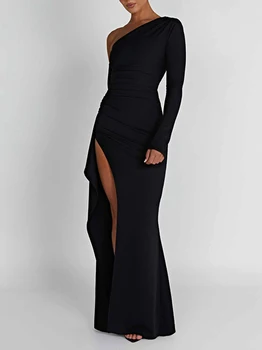 Черное Сексуальное длинное платье с разрезом на одно плечо и длинным рукавом, облегающее талию, новое модное элегантное женское платье с темпераментом Изображение 2