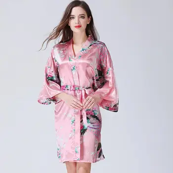 Летнее женское кимоно, Халат с принтом, Женский халат с поясом, Пижамы, Ночная рубашка, Одежда для отдыха, Домашний халат из шелковистого атласа