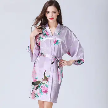 Летнее женское кимоно, Халат с принтом, Женский халат с поясом, Пижамы, Ночная рубашка, Одежда для отдыха, Домашний халат из шелковистого атласа Изображение 2