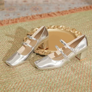 2023 Весенне-осенняя женская обувь с двойной пряжкой, модельные туфли из лакированной кожи, туфли-лодочки на высоком каблуке, женская обувь в стиле ретро