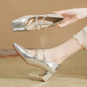 2023 Весенне-осенняя женская обувь с двойной пряжкой, модельные туфли из лакированной кожи, туфли-лодочки на высоком каблуке, женская обувь в стиле ретро Изображение 2