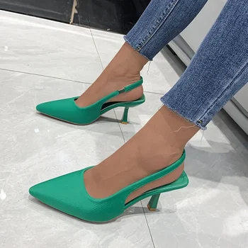 Летние новые женские босоножки 2022 года, зеленые тонкие туфли с закрытым носком на тонком каблуке, модные женские туфли на среднем каблуке с острым носком Изображение 2