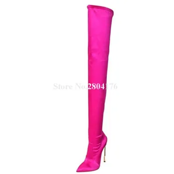 Модные сапоги выше колена с острым носком на металлической шпильке, розовые, красные, бежевые, тонкие длинные сапоги на высоком каблуке, вечерние модельные туфли Изображение 2