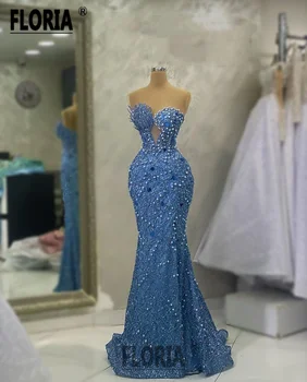 Элегантное вечернее платье русалки с крупными жемчужными бусинами, платье в пол с кристаллами, голубое вечернее платье знаменитостей