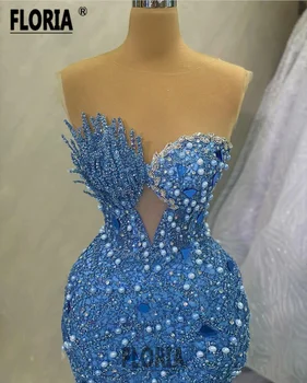 Элегантное вечернее платье русалки с крупными жемчужными бусинами, платье в пол с кристаллами, голубое вечернее платье знаменитостей Изображение 2