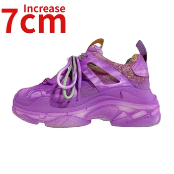 Летняя обувь из натуральной кожи фиолетового цвета, увеличивающая рост на 7 см, женская спортивная обувь в стиле ретро с сеткой на толстой подошве, повседневная обувь на высоком каблуке