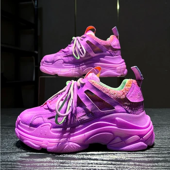 Летняя обувь из натуральной кожи фиолетового цвета, увеличивающая рост на 7 см, женская спортивная обувь в стиле ретро с сеткой на толстой подошве, повседневная обувь на высоком каблуке Изображение 2