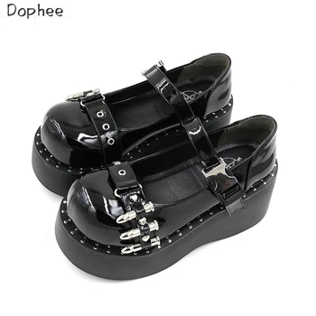 Оригинальные студенческие туфли Dophee в стиле готической Лолиты, Туфли на платформе в стиле панк, Лакированная кожа с круглым носком, Черные пикантные туфли для девочек