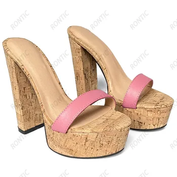 Rontic, Новое поступление, женские летние шлепанцы на платформе, сандалии Унисекс, коренастый каблук с открытым носком, пляжная обувь телесного розового цвета, размер США 5-20 Изображение 2