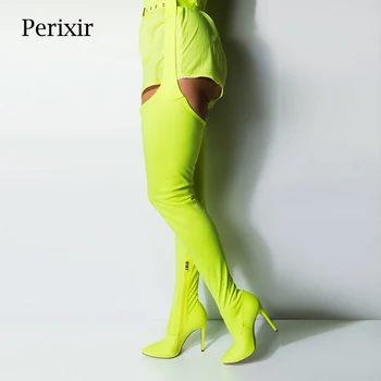 Perixir/ Женские шелковые сапоги выше колена на высоком каблуке; Коллекция 2020 года; сезон весна-осень; Обувь Рианны с Широким верхом; Пикантные Экстремально Длинные сапоги с промежностью