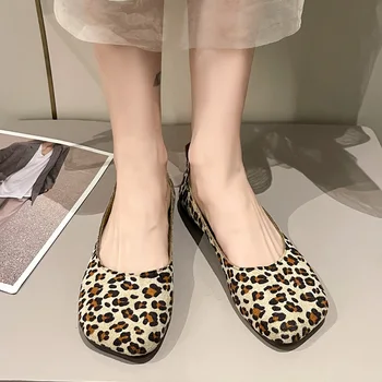 Женская обувь на плоской подошве с леопардовым рисунком, Весенние Повседневные Лоферы для прогулок, Летние Сандалии с квадратным носком, Новое Модное платье 2024 года в стиле ретро, Mujer Zapatos Изображение 2