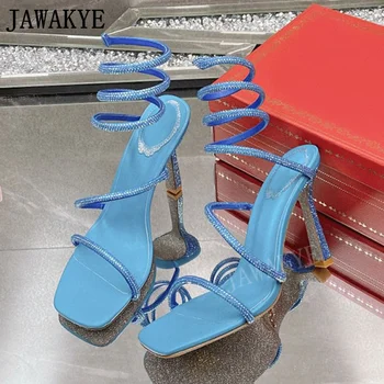 Женские босоножки JAWAKYE с кристаллами, летние вечерние туфли на высоком каблуке, сандалии-гладиаторы на серебристой блестящей подошве, свадебные туфли для новобрачных
