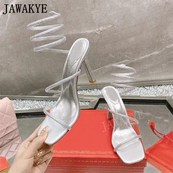 Женские босоножки JAWAKYE с кристаллами, летние вечерние туфли на высоком каблуке, сандалии-гладиаторы на серебристой блестящей подошве, свадебные туфли для новобрачных Изображение 2