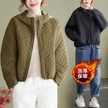 Женская Короткая стеганая куртка Argyle Корейской версии, свободное Легкое пальто, хлопковая стеганая повседневная верхняя одежда с капюшоном M1839