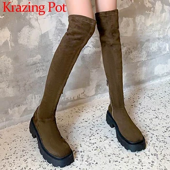 Krazing Pot/ Эластичные длинные сапоги из флока с квадратным носком на среднем каблуке, Тонкая штанина, толстая подошва, сапоги выше колена на молнии в европейском стиле в зрелом возрасте
