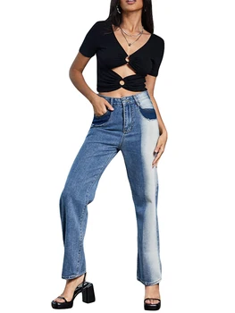 Женские джинсы в стиле пэчворк с высокой талией и прямыми штанинами, стрейчевые джинсовые брюки для девочек Y2K, модные мешковатые джинсы с цветочным принтом Изображение 2