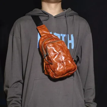 Мужская сумка через плечо AETOO с кожаным складным дизайном, простая нагрудная сумка на молнии в стиле ретро для домашних путешествий со слоем мягкой воловьей кожи