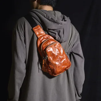 Мужская сумка через плечо AETOO с кожаным складным дизайном, простая нагрудная сумка на молнии в стиле ретро для домашних путешествий со слоем мягкой воловьей кожи Изображение 2