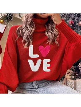 Женский свитер на День Святого Валентина С длинным рукавом и вышивкой в виде сердца, объемный вязаный пуловер, джемпер, топы Изображение 2