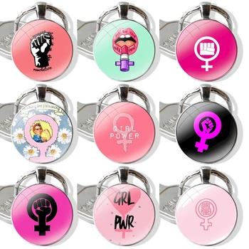 брелки для ключей с феминистским логотипом, брелок для ключей ручной работы, стеклянный Кабошон, Мультяшный дизайн, Креативная мода