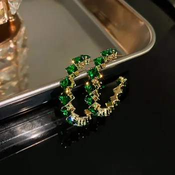 Блестящие Роскошные Высококачественные серьги-кольца с инкрустацией, Круглые серьги с зеленым цирконом для женщин, украшения для помолвки, подарки Изображение 2