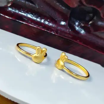 Новое кольцо из Желтого Золота 24K Женское 3D Золотое Кольцо С Милым Кроликом 1шт размер США 5.5 Изображение 2