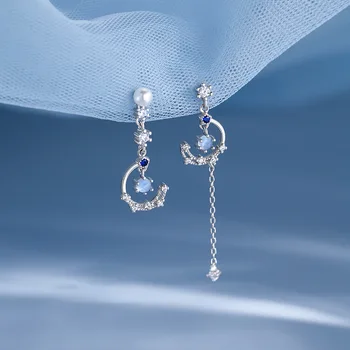 Асимметричные серьги-гвоздики из голубого лунного камня серебристого цвета, элегантные серьги-цепочки с кисточками, модные индийские ювелирные изделия Изображение 2