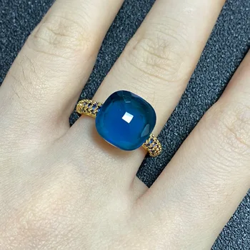 Плоское кольцо с синим кристаллом 12,6 мм Для женщин, кольцо карамельного цвета, Инкрустация Синим цирконом, подарок для вечеринки, модные украшения