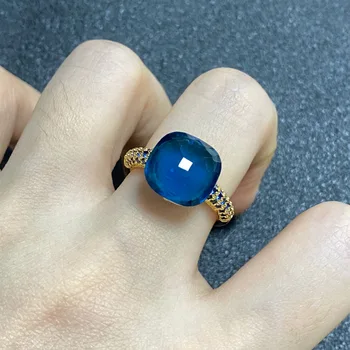 Плоское кольцо с синим кристаллом 12,6 мм Для женщин, кольцо карамельного цвета, Инкрустация Синим цирконом, подарок для вечеринки, модные украшения Изображение 2