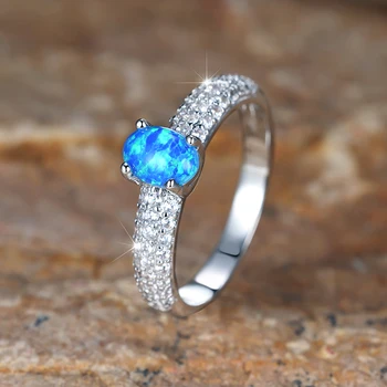 Классический минимализм, 4 когтя, Овальные кольца с синим опалом для женщин, Нежный шарм, циркон, опал, Обручальные кольца, обручальные кольца для девочек Изображение 2