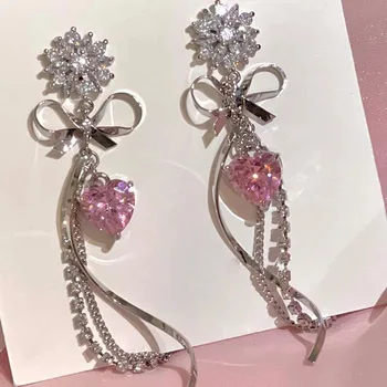 Серьги 2021 корейская мода металлический бант кисточкой женские кулон элегантный романтический розовый кристалл сердце кулон ювелирных изделий партии