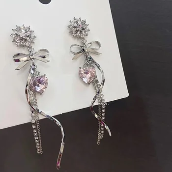 Серьги 2021 корейская мода металлический бант кисточкой женские кулон элегантный романтический розовый кристалл сердце кулон ювелирных изделий партии Изображение 2