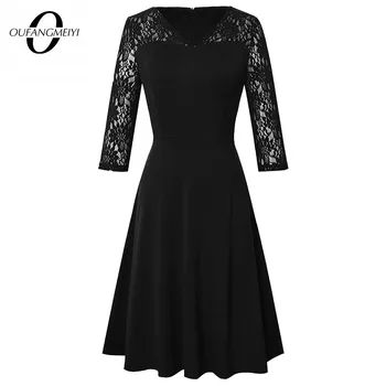 Осеннее Женское Стильное Черное кружевное платье-клеш в стиле пэчворк для коктейльной вечеринки 1EA167