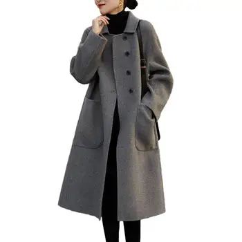 Однобортное женское пальто Стильное женское пальто средней длины с лацканами, Однобортный кардиган с толстыми карманами для осени /зимы