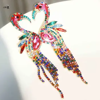 Ювелирные изделия YaYi Fashion из нескольких стеклянных страз с подвесками из хрусталя Для девочек, Женские серьги-гвоздики с длинными ушами, серьги-кольца с драгоценными камнями-фламинго