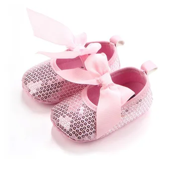 Обувь Для новорожденных девочек с блестками, Классическая хлопковая нескользящая обувь с бантом на мягкой подошве для девочек, обувь для первых ходунков, обувь для кроватки для малышей Изображение 2