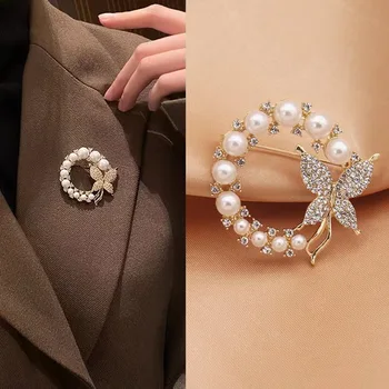 Новые броши Rhinstone Pearl Circle для женщин, модная элегантная брошь-бабочка в стиле барокко, Очаровательные булавки, свадебные подарки, аксессуары