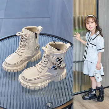 Детские Полусапожки; Повседневная Обувь Для девочек; Новинка Осени 2023 года; Модные Кожаные Ботинки Челси с цепочкой Для мальчиков; Цвет Черный, Белый