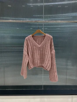 Корейский свободный свитер 2023 года, куртка в полоску с v-образным вырезом, серый 22 Изображение 2