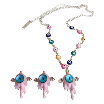 Y4QE Мультяшное ожерелье Evil Eyes с ушными заклепками, цепочка, ожерелье, заколки для ушей, вечерние украшения, модный аксессуар, идеально подходящий для девочек-подростков