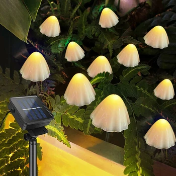 Солнечная Светодиодная Гирлянда 10/20/30 Светодиодов Fairy Mushroom Garland Lights IP65 Водонепроницаемое Украшение Сада Освещение для Дорожки Патио Изображение 2