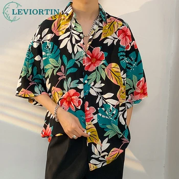 Летняя блузка с коротким рукавом, мужские рубашки, уличная одежда, свободная рубашка в стиле хип-хоп, гавайский цветочный принт, одежда Y2K, унисекс Изображение 2