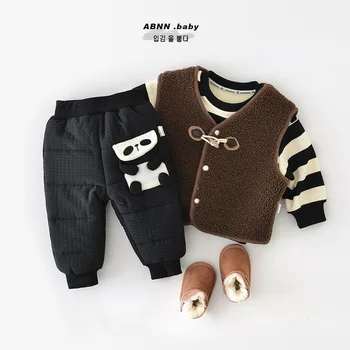 Черные хлопчатобумажные брюки для маленьких мальчиков и девочек, осень-зима, Теплые повседневные плотные брюки для младенцев, Модная Детская одежда с милой пандой Изображение 2