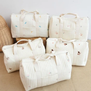 Хлопковая сумка-органайзер для подгузников с мультяшной вышивкой, сумка на молнии для подгузников для новорожденных, подгузник с регулируемым ремнем для коляски Изображение 2