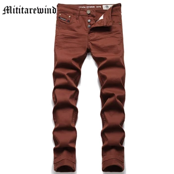 Мужские узкие джинсы, однотонные винтажные кофейно-коричневые повседневные джинсовые брюки Y2k, стрейчевые простые брюки для уличной стирки, мужские осенние