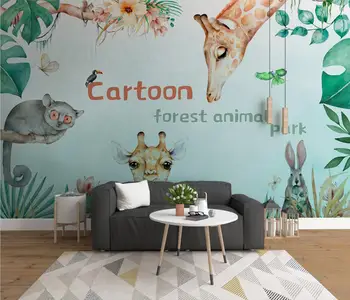 Пользовательские скандинавские мультяшные животные лесные фрески обои 3D украшения стен детской комнаты наклейки на стены гостиной для детских комнат Изображение 2