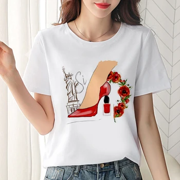 Новая женская футболка для отдыха в стиле Харадзюку, сексуальные ножки, Высокие каблуки, Футболка с круглым вырезом и принтом, Корейская Уличная одежда, белая женская футболка с коротким рукавом