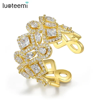 LUOTEEMI Двухслойное Золотое кольцо для женщин с кубическими циркониевыми камнями, Регулируемые Открытые кольца для пальцев, Роскошные Свадебные украшения