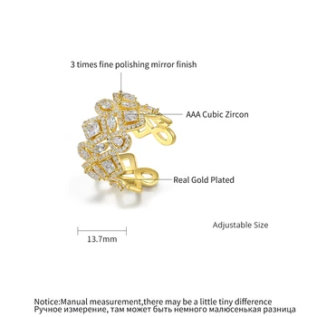 LUOTEEMI Двухслойное Золотое кольцо для женщин с кубическими циркониевыми камнями, Регулируемые Открытые кольца для пальцев, Роскошные Свадебные украшения Изображение 2